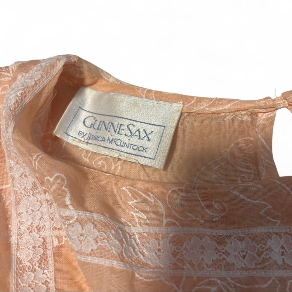Vintage Gunne Sax Dress XS 3 Peach Sheer Lace Drop Waist Floral Cottagecore - Picture 8 of 8